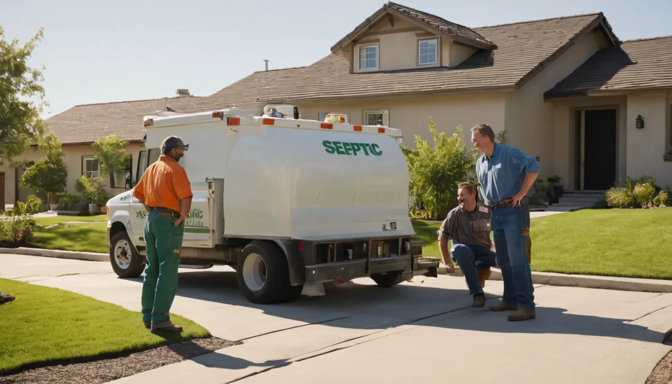 A friendly septic provider talking with a homeowner in front of a stucco ranch home in Santee